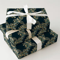 Elegant Gold Green Gift Wrap Roll, Botanical Wreath Christmas Wrapping Paper, Winter Holiday Present Paper, Dark Floral Gift Wrap