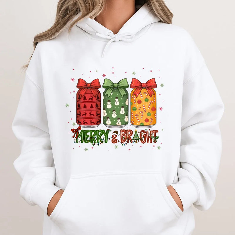 Festive Mason Jar Candy Cane Hooded Sweatshirt, Merry and Bright Christmas Hoodie, Winter Holiday Snowman Pullover, Xmas Hoodie