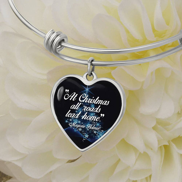Christmas Holiday Charm Bangle, All Roads Lead Home Heart Bangle Bracelet, Silver Tone Festive Heart Bangle, Xmas Present for
