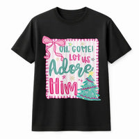 Pink Coquette Christmas Tree Tee, Oh Come Let Us Adore Him T-Shirt, Christian Holiday Graphic Shirt, Faith Aesthetic Scripture Tee