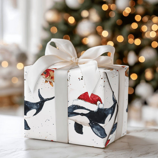 Goldfish Sea Animal Gift Wrap, Orca Killer Whale Christmas Wrapping Paper, Ocean Marine Life Holiday Paper Roll, Festive Chri