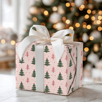 Retro Holiday Tree Gift Wrap, Pink and Green Christmas Tree Wrapping Paper, Colorful Xmas Wrapping Paper, Modern Present Roll