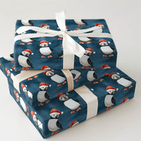 Adorable Santa Hat Bird Gift Wrap, Christmas Puffin Wrapping Paper, Teal Winter Holiday Wrapping Paper, Coastal Nature Lover Holiday Gift Wrap