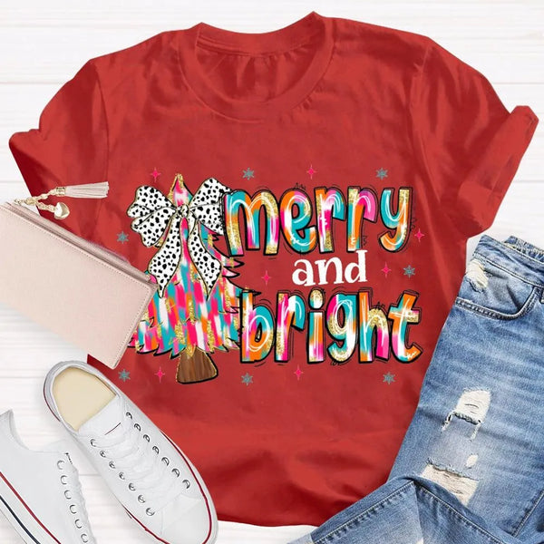 Festive Holiday Graphic Tee, Merry and Bright Tie Dye Tree Shirt, Christmas Tree T-Shirt, Retro Xmas Party Top, Family Holida
