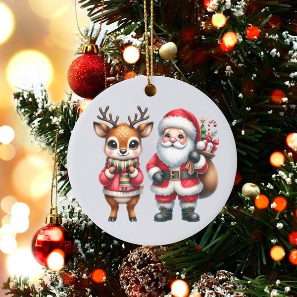Adorable Santa Ceramic Ornament, Santa and Reindeer Christmas Ornament, Holiday Reindeer Tree Ornament, Festive Family Keepsa