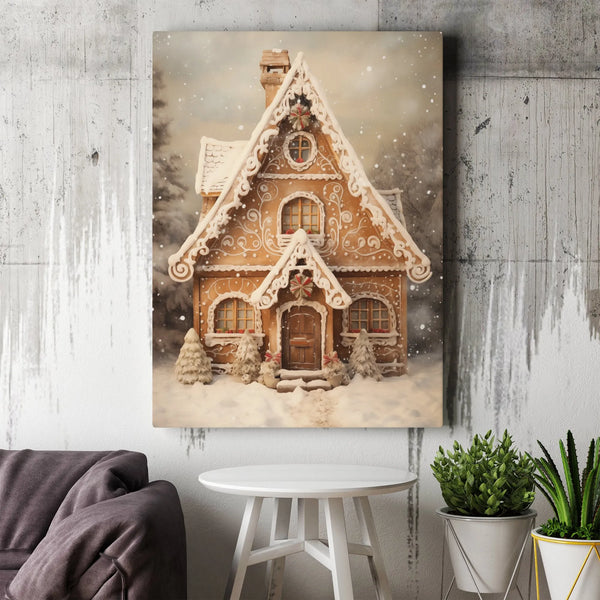 Snowy Winter Cabin Canvas Print, Christmas Gingerbread House Wall Art, Festive Holiday Wall Decor, Seasonal Christmas Cottage