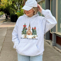 Watercolor Church Christmas Hooded Sweatshirt, Oh Come Let Us Adore Him Hoodie, Christian Holiday Sweater, Religious Faith Christmas Hoodie