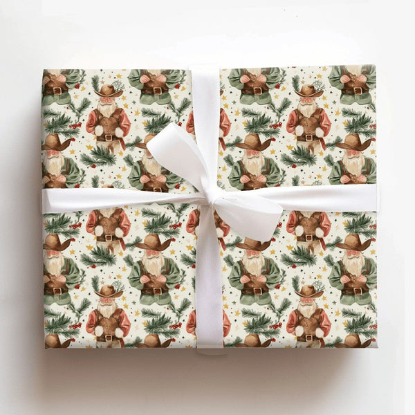 Western Holiday Santa Gift Wrap, Cowboy Santa Wrapping Paper, Rustic Country Christmas Wrapping Paper, Whimsical Pine Berry G