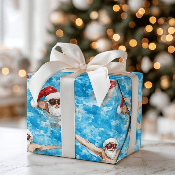 Tropical Pool Santa Gift Wrap, Swimming Santa Wrapping Paper, Humorous Christmas in July Wrapping Paper, Summer Holiday Prese
