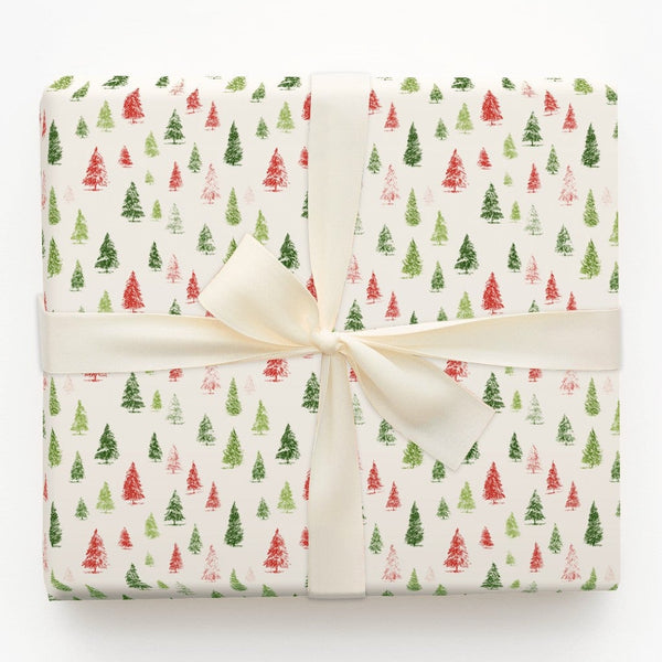 Festive Christmas Tree Gift Wrap, Watercolor Pine Tree Wrapping Paper, 90 GSM Holiday Present Paper, Rustic Winter Wrapping S