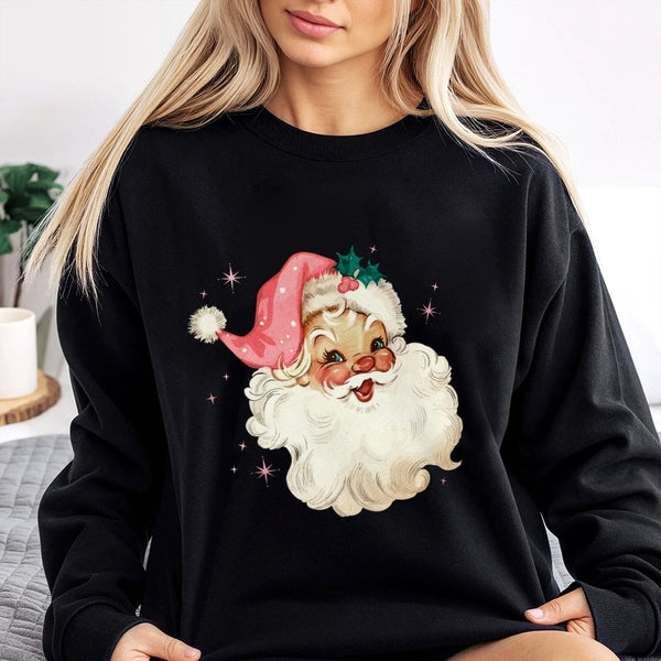Retro Christmas Sweatshirt, Pink Santa Sweatshirt, Adorable Holiday Graphic Crewneck, Vintage Santa Xmas Pullover, Pink Santa