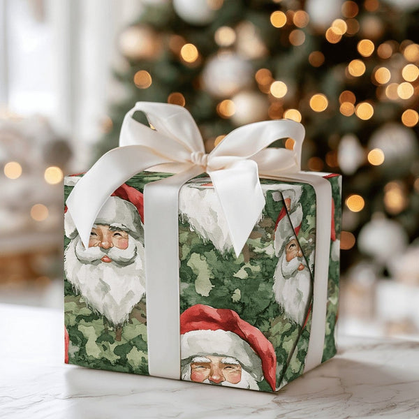Camouflage Santa Claus Gift Wrap, Watercolor Camo Santa Wrapping Paper, Hunter Christmas Wrapping Paper, Military Holiday Wra