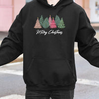 Adorable Pink & Green Forest Sweatshirt, Merry Christmas Tree Hoodie, Festive Holiday Tree Pullover, Comfy Winter Xmas Apparel Present