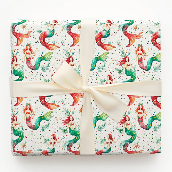 Coastal Holiday Mermaid Gift Wrap, Christmas Mermaid Wrapping Paper, Watercolor Mermaid Present Paper, Nautical Xmas Gift Wra