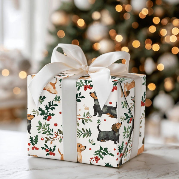 Dog Holiday Gift Wrap, Dachshund Christmas Wrapping Paper, Adorable Puppy Present Paper, Festive Holly Berry Present Wrap, Do