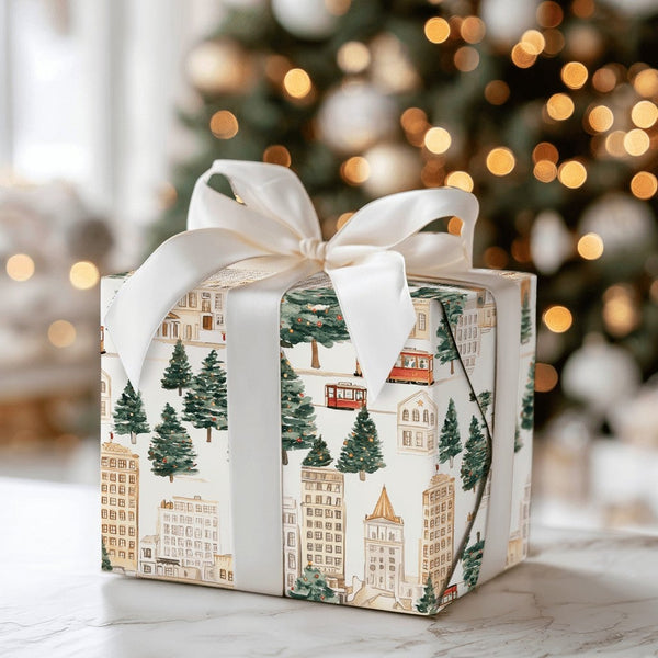 Red Trolley Christmas Gift Wrap, Winter Cityscape Wrapping Paper, Watercolor City Streetcar Wrapping Paper, Festive Holiday G