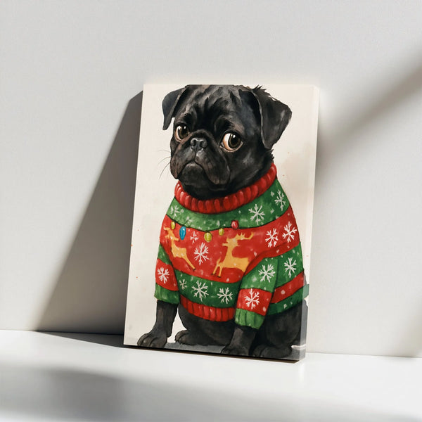 Ugly Sweater Pug Dog Canvas Print, Black Pug Christmas Canvas Wall Art, Holiday Pet Wall Decor, Adorable Christmas Animal Lov