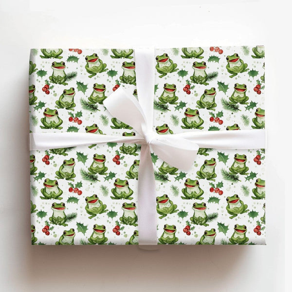 Holly Berry Animal Gift Wrap Roll, Adorable Frog Christmas Wrapping Paper, Whimsical Holiday Wrapping Paper, Adorable Amphibi