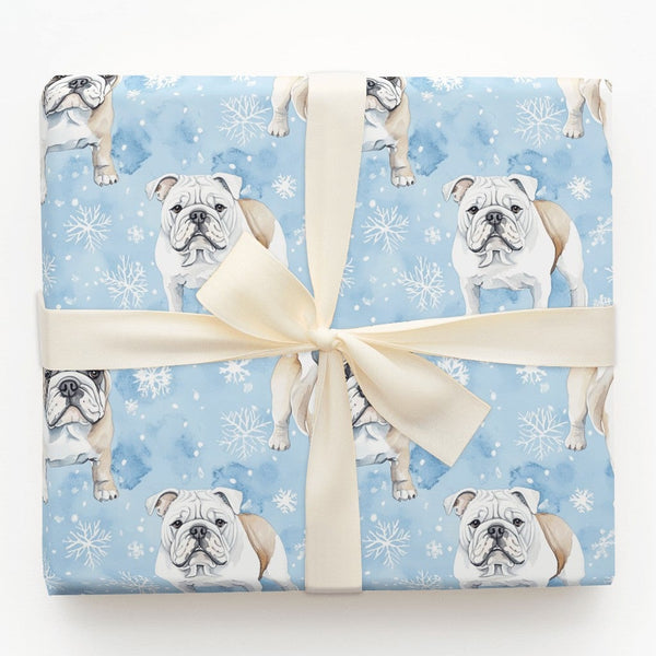 Watercolor Winter Dog Gift Wrap, English Bulldog Wrapping Paper, Adorable Bulldog Holiday Wrapping Paper, Blue Snowflake Chri