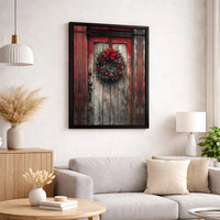 Red Barn Door Farmhouse Holiday Print, Rustic Christmas Wreath Canvas Wall Art, Winter Festive Decor, Digital Download Printable Poster