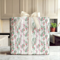 Watercolor Garland Gift Wrap, Christmas Wrapping Paper, Pink and Green Bows Holiday Gift Wrap Paper, Festive Present Wrapping Paper