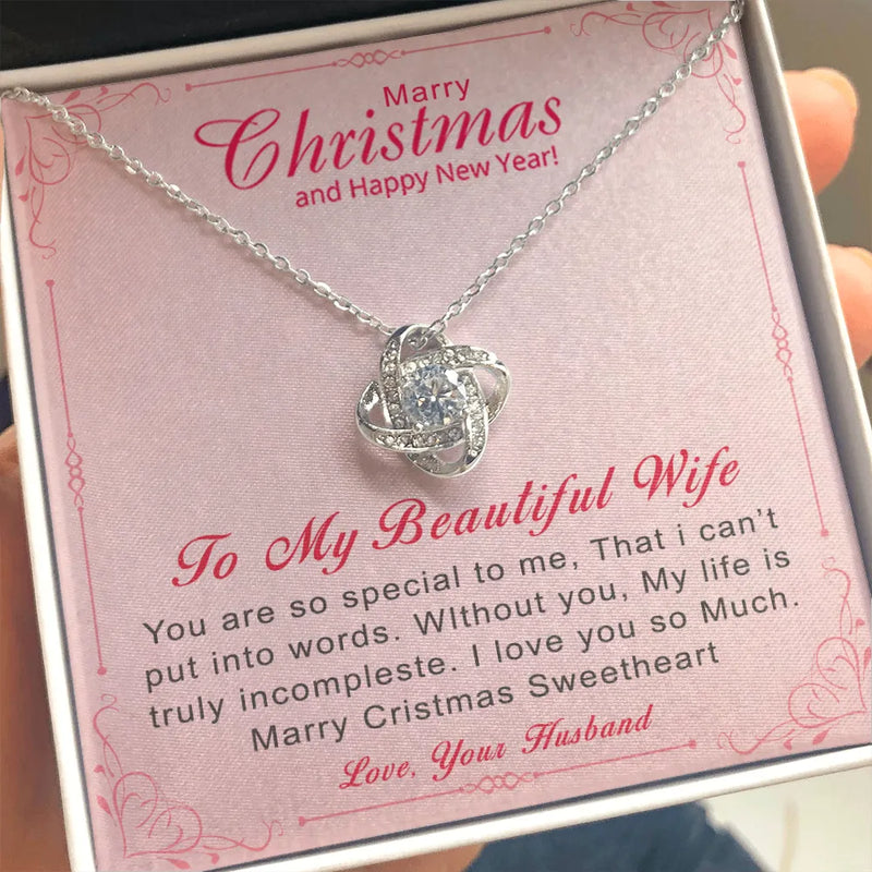 Christmas Love Knot Necklace, Love Knot Necklace for Wife, Romantic Message Card Necklace, 14k White Gold Holiday Pendant, Wife Jewelry Present