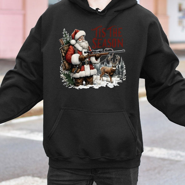 Humorous Deer Rifle Graphic Sweatshirt, Tis the Season Santa Hunting Hoodie, Retro Hunting Christmas Hooded Sweater, Hunter G