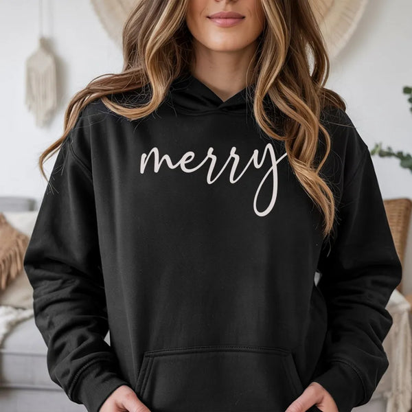 Minimalist Script Holiday Sweatshirt, Merry Christmas Hoodie, Comfy Xmas Winter Pullover Hoodie, Aesthetic Christmas Season H