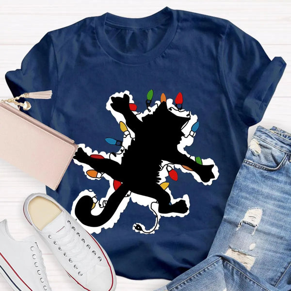 Adorable Holiday Kitty Graphic Tee, Cat Christmas Lights Shirt, Festive Winter Cat T-Shirt, Merry Catmas Animal Lover Shirt, 