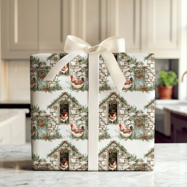 Rustic Coop Christmas Gift Wrap, Farmhouse Chicken Wrapping Paper, Country Rooster Holiday Wrapping Paper, Festive Farm Prese