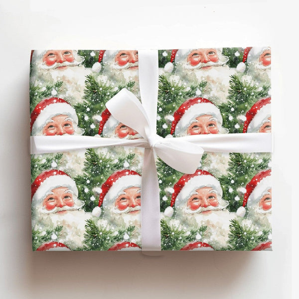 Vintage Christmas Gift Wrap, Watercolor Santa Claus Wrapping Paper, Snowy Pine Tree Holiday Wrapping Paper, Jolly Santa Wrapp