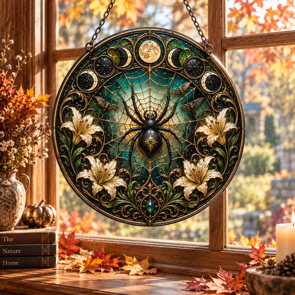 Lunar Arachne - Stained-Glass-Looking Round Window Hanging - main