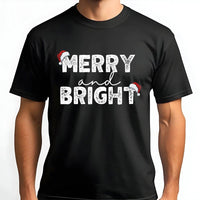 Distressed Santa Hat Graphic T-Shirt, Merry and Bright Christmas T-Shirt, Adorable Matching Xmas Couple Tee, Retro Holiday Santa Hat T-Shirt