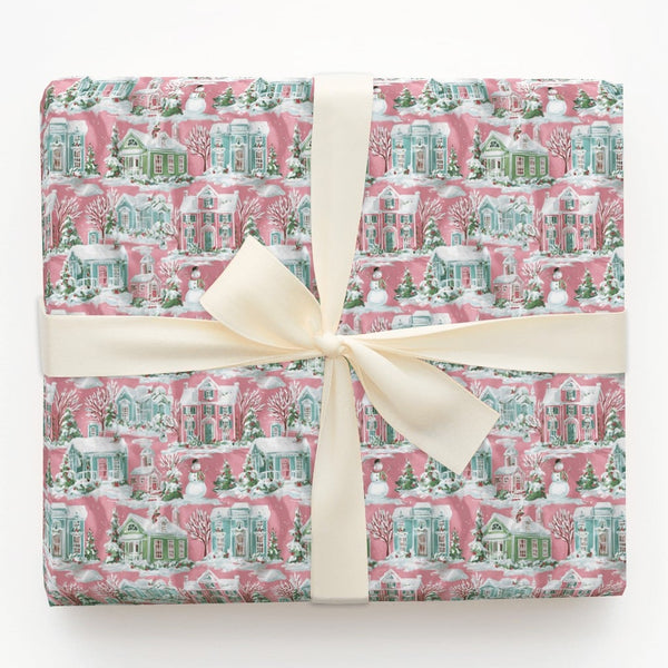 Pastel House Holiday Gift Wrap, Pink Winter Village Wrapping Paper, Whimsical Snowman Christmas Wrapping Paper, Comfy Winter 
