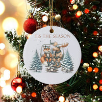 Tis the Season Winter Animal Ornament, Fox and Moose Skiing Ornament, Ceramic Christmas Tree Ornament, Festive Woodland Holiday Present