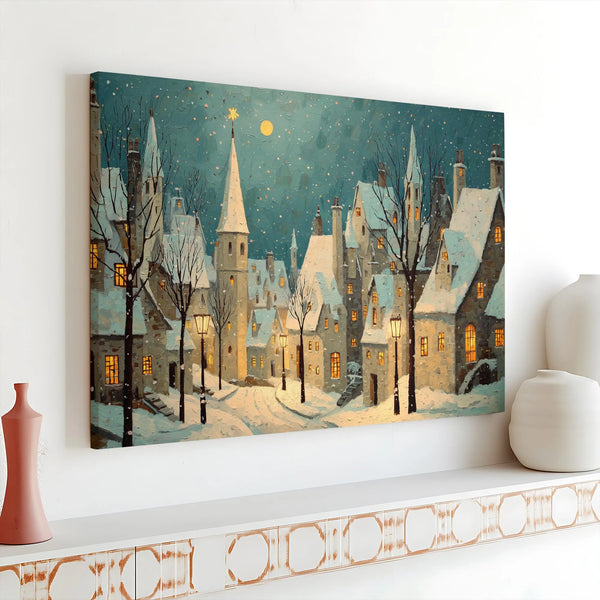 Winter Night Town Painting Print, Snowy Christmas Village Canvas Wall Art, Rustic Holiday Canvas Decor, Xmas Season Present