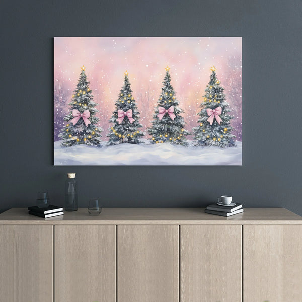 Snowy Holiday Landscape Canvas Print, Pink Bow Christmas Tree Canvas Art, Festive Xmas Tree Canvas Wall Art, Comfy Winter Can