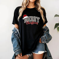 Adorable Retro Xmas Graphic Tee, Merry Christmas Leopard Santa Hat T-Shirt, Buffalo Plaid Cheetah Holiday Shirt, Festive Women Christmas Top
