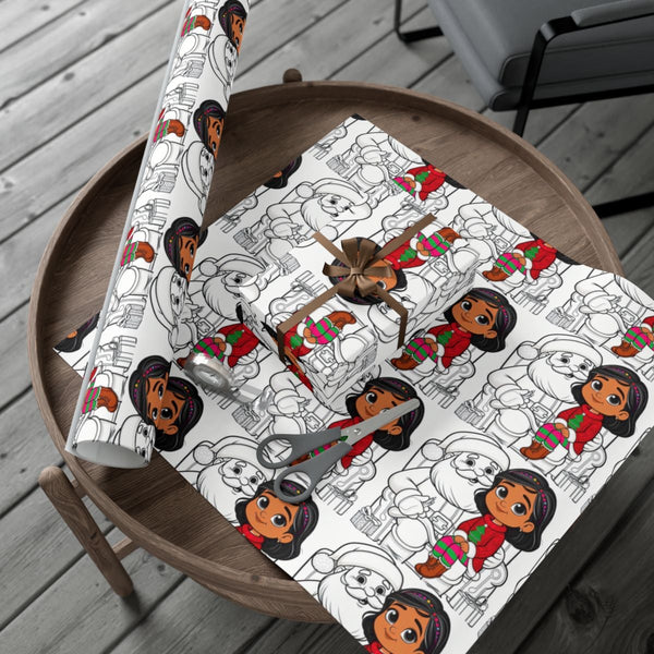 Santa and Girl Gift Wrapping Paper, Color in Santa Christmas Wrapping Paper, Holiday Gift Wrap Paper, Kids Coloring Christmas