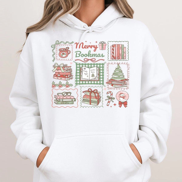 Comfy Reading Holiday Hooded Sweatshirt, Merry Bookmas Hoodie, Adorable Book Lover Christmas Pullover Hoodie, Bookworm Librar