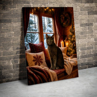 Grey Cat Snowy Window Wall Art, Comfy Winter Cat Canvas, Christmas Cabin Cat Canvas Print, Holiday Candlelight Cat Wall Decor, Cat Lover Present