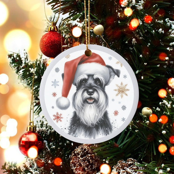 Santa Hat Dog Ornament, Miniature Schnauzer Christmas Ornament, Festive Puppy Ceramic Ornament, Pet Lover Present, Xmas Tree 