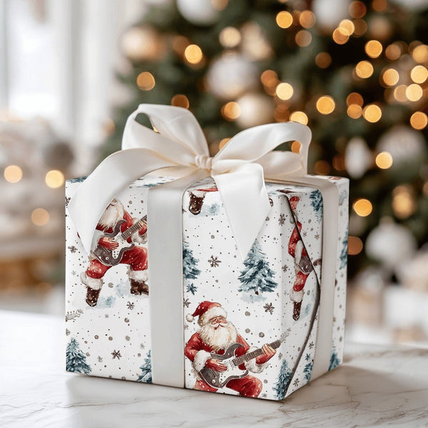 Electric Guitar Rocker Gift Wrap, Rocking Santa Christmas Wrapping Paper, Music Lover Xmas Wrapping Paper, Holiday Musician W