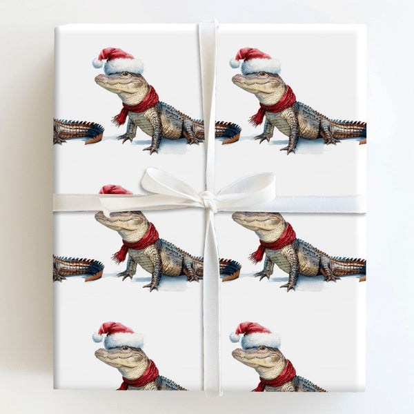 Humorous Holiday Gift Wrap, Santa Hat Alligator Christmas Wrapping Paper, Adorable Watercolor Alligator Wrapping Paper, Winte