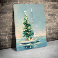 Nautical Holiday Canvas Print, Coastal Christmas Tree Sailboat Canvas Wall Art, Beach House Winter Decor, Coastal Christmas Canvas Painting