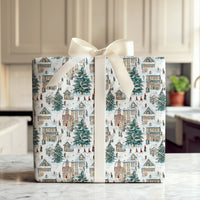 Nostalgic Winter Town Holiday Gift Wrap, Snowy Christmas Village Wrapping Paper, Classic Xmas Wrapping Paper Roll, Festive Holiday Gift Wrap