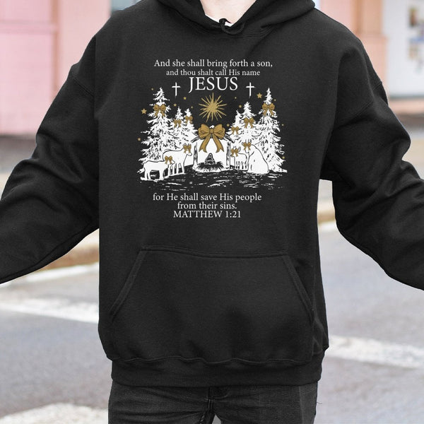 Matthew 1 21 Scripture Hooded Sweatshirt, Jesus Christmas Nativity Hoodie, Christian Faith Christmas Hoodie, Religious Holida