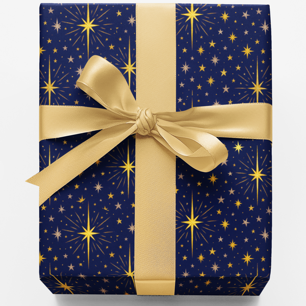 Midnight Blue Gold Gift Wrap, Bethlehem Star Wrapping Paper, Celestial Star Wrapping Paper, Christmas Gift Wrap Roll, Holiday