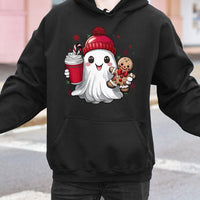 Gingerbread Man Winter Hooded Sweatshirt, Adorable Christmas Ghost Hoodie, Comfy Spooky Xmas Pullover, Kawaii Holiday Ghost Sweatshirt Present