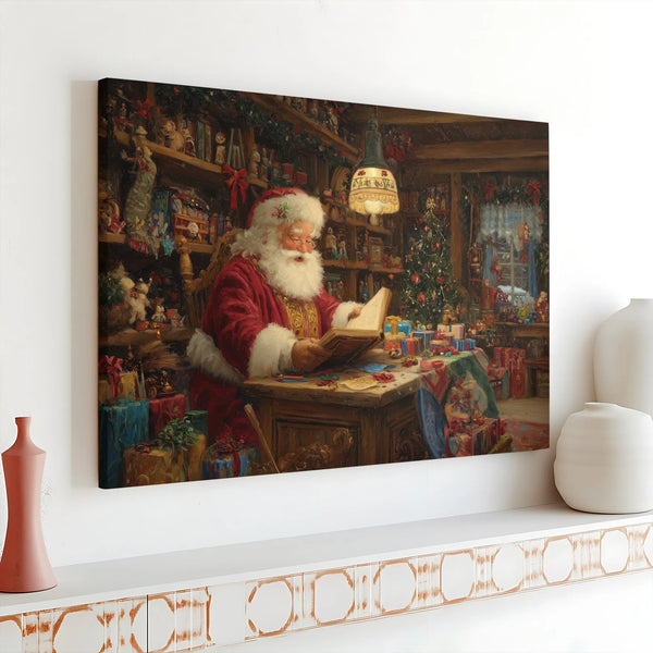 Nostalgic Christmas Canvas Print, Vintage Santa Claus Canvas Wall Art, Santa Workshop Wall Art, Holiday Canvas Decor, Xmas Pr